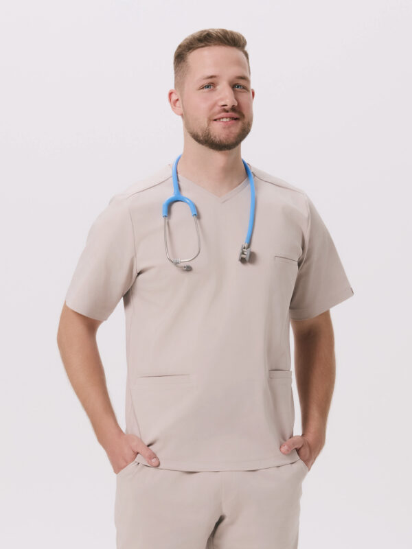BLUZKA MEDYCZNA MĘSKA – SCRUBS - PREMIUM – LIGHT BEIGE
