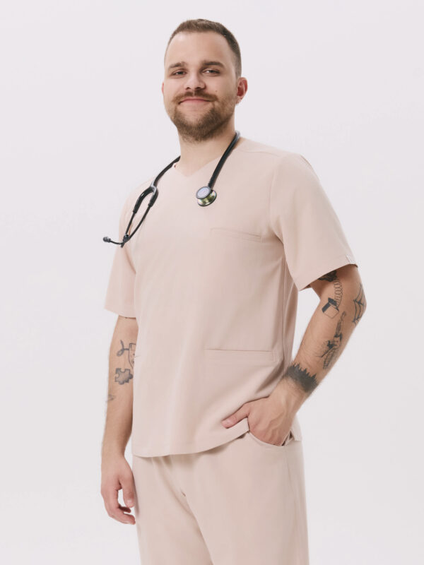 BLUZKA MEDYCZNA MĘSKA – SCRUBS - BASIC – WARM BEIGE